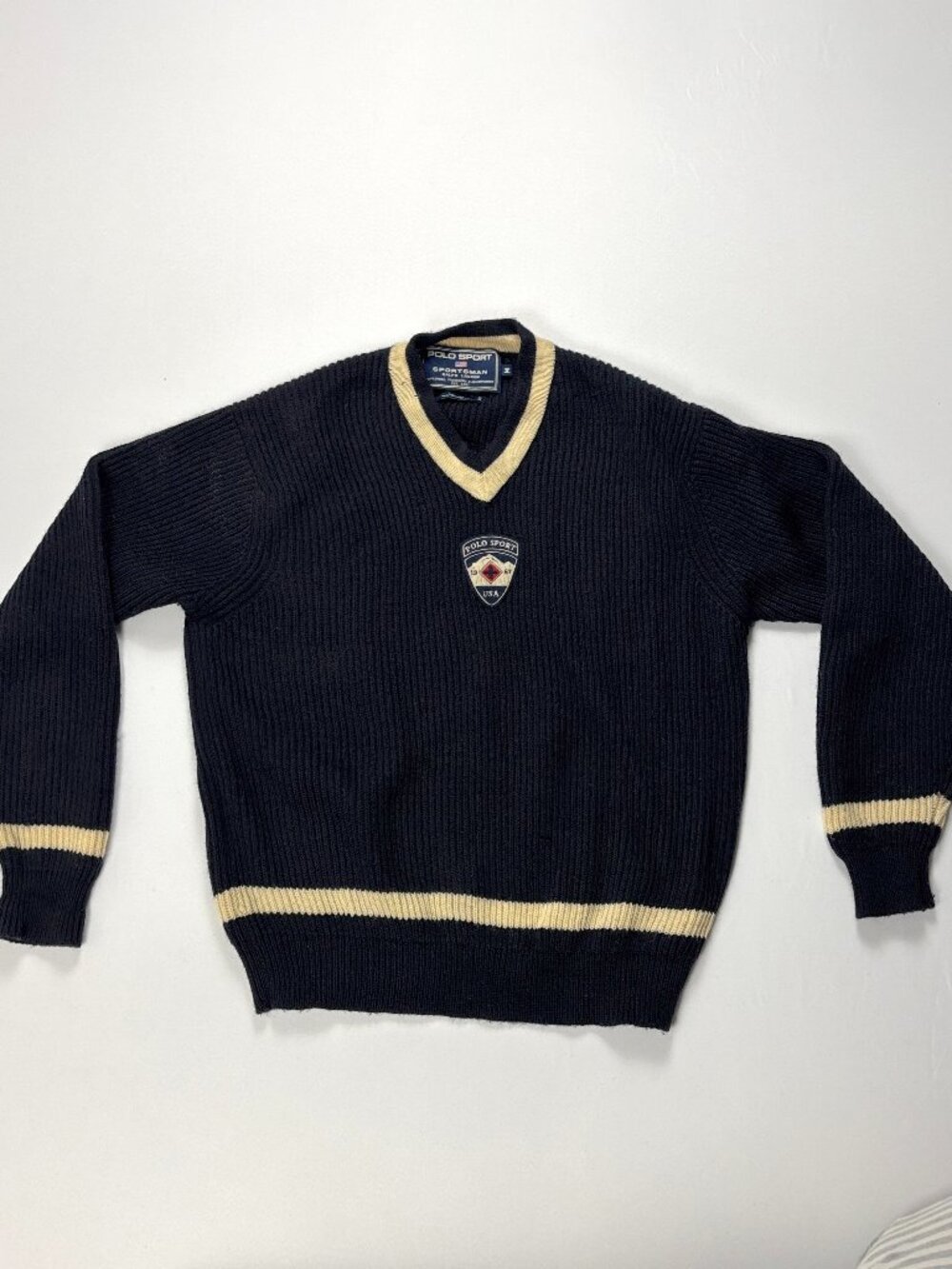 VTG Polo Sport Ralph Lauren Mens Wool V Neck Sweater Navy Blue M Sportsman Ski